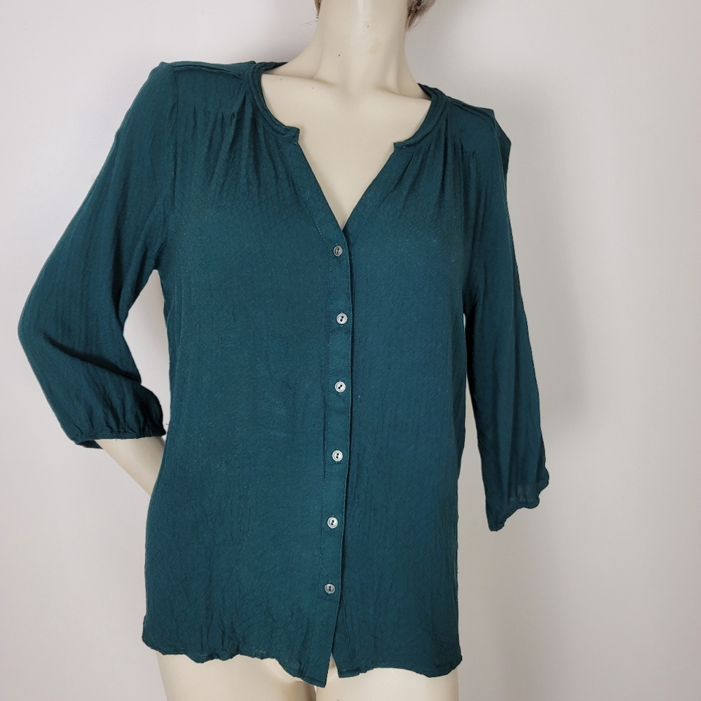 Skies are blue dark green button front blouse